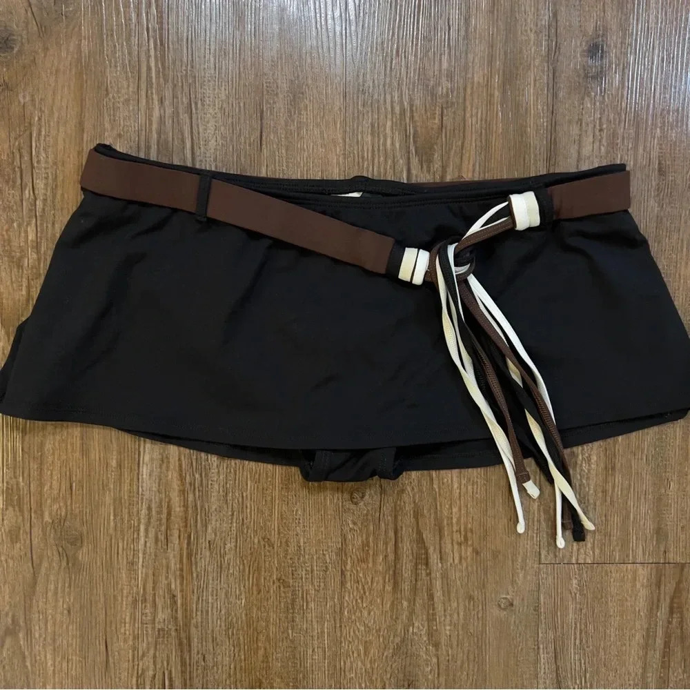 La Blanca Retro Hipster Beach Swim Skort Black with Brown Fringe Belt Tie Size 8